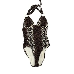 Women's Halter Neck One Piece Swimsuit Zebra Print Ring Accents Ruched Size 8